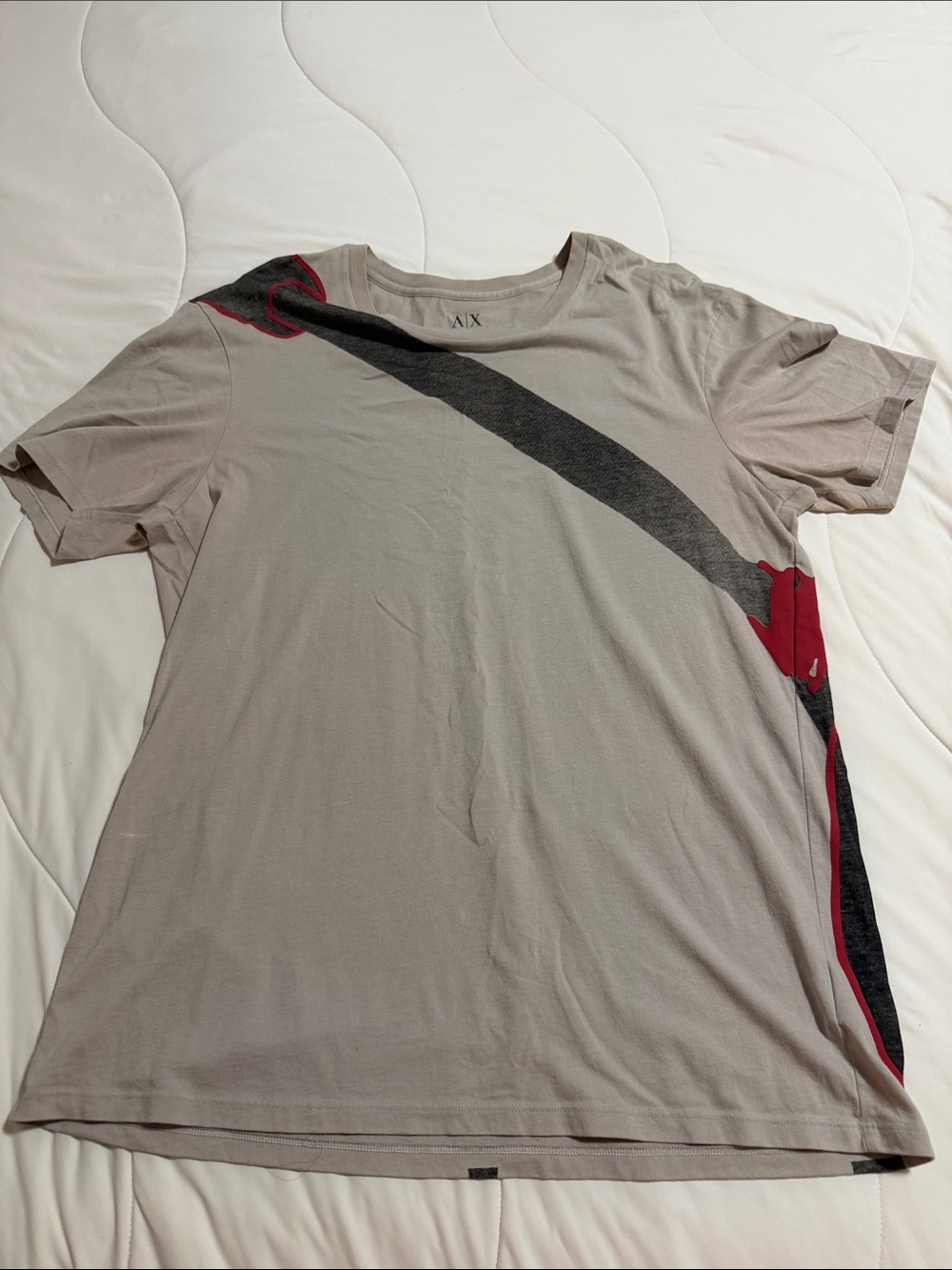 Armani Exchange Beige Short Sleeve Tee with Black Stripe & Red Accents